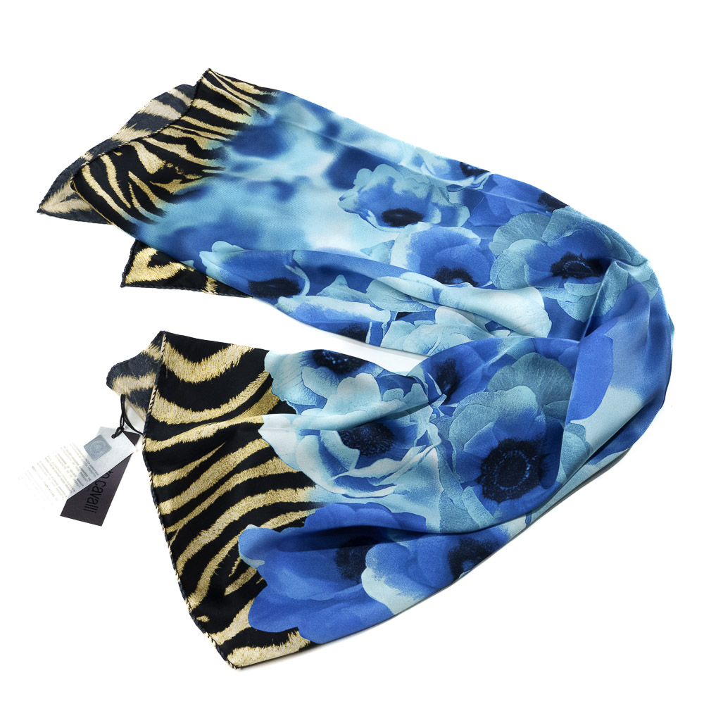 Roberto Cavalli Foulard con bordatura zebrata e stampa centrale con rose blu - immagine 2