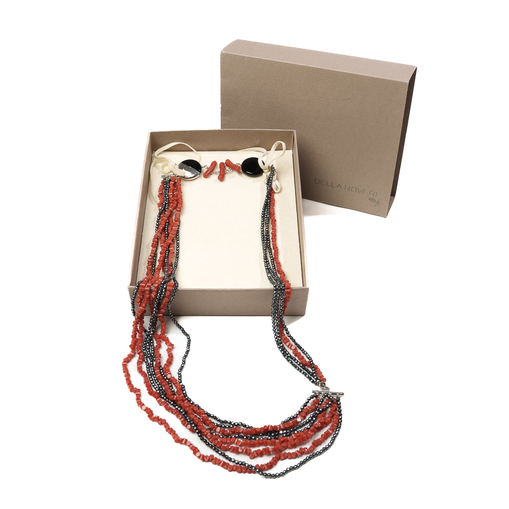 Della Rovere Collana multifilo in argento 925 con pietre in corallo, onice ed ematite - immagine 2
