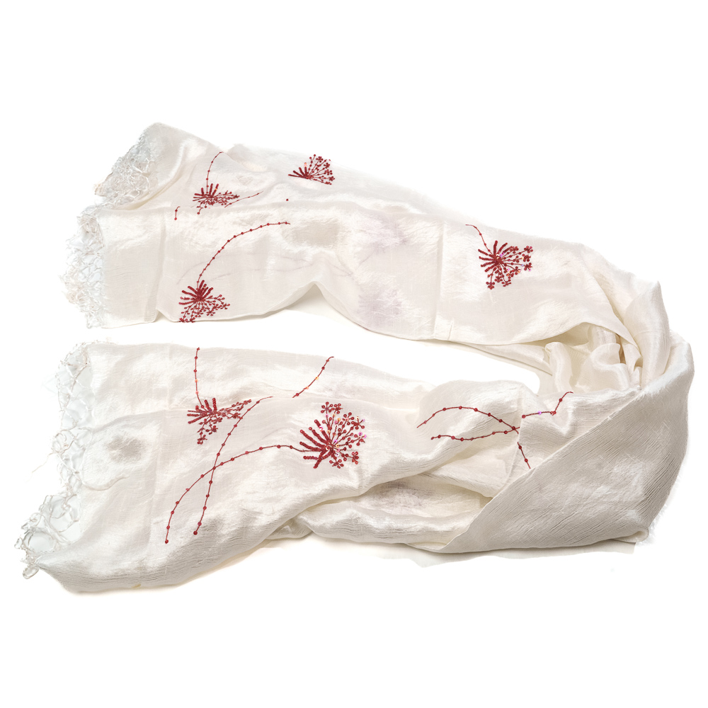 Sete di Jaipur stola in pura seta bianco avorio con ricami floreali in rosso - immagine 2
