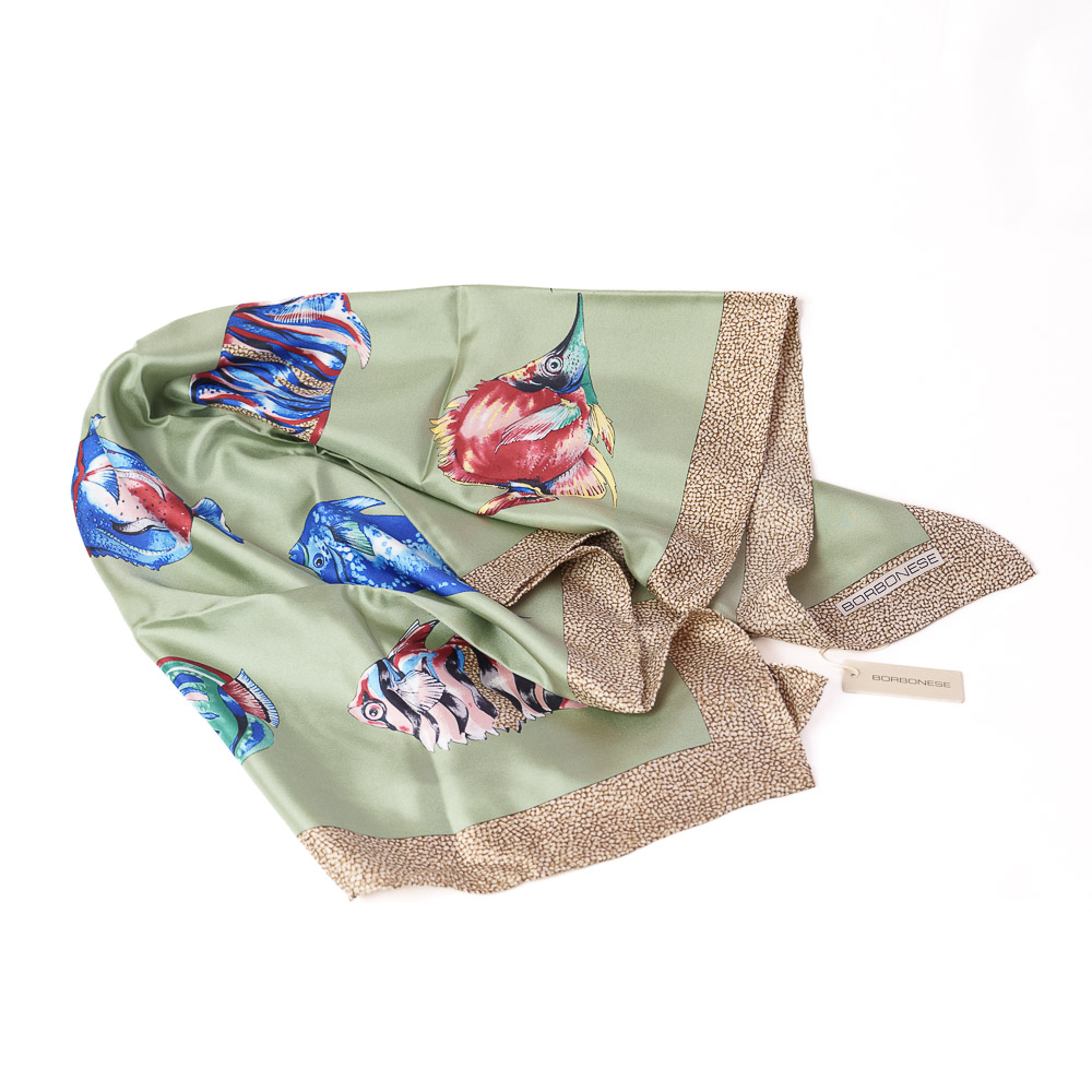 Borbonese foulard in pura seta acquarium art su base verde salvia - immagine 2