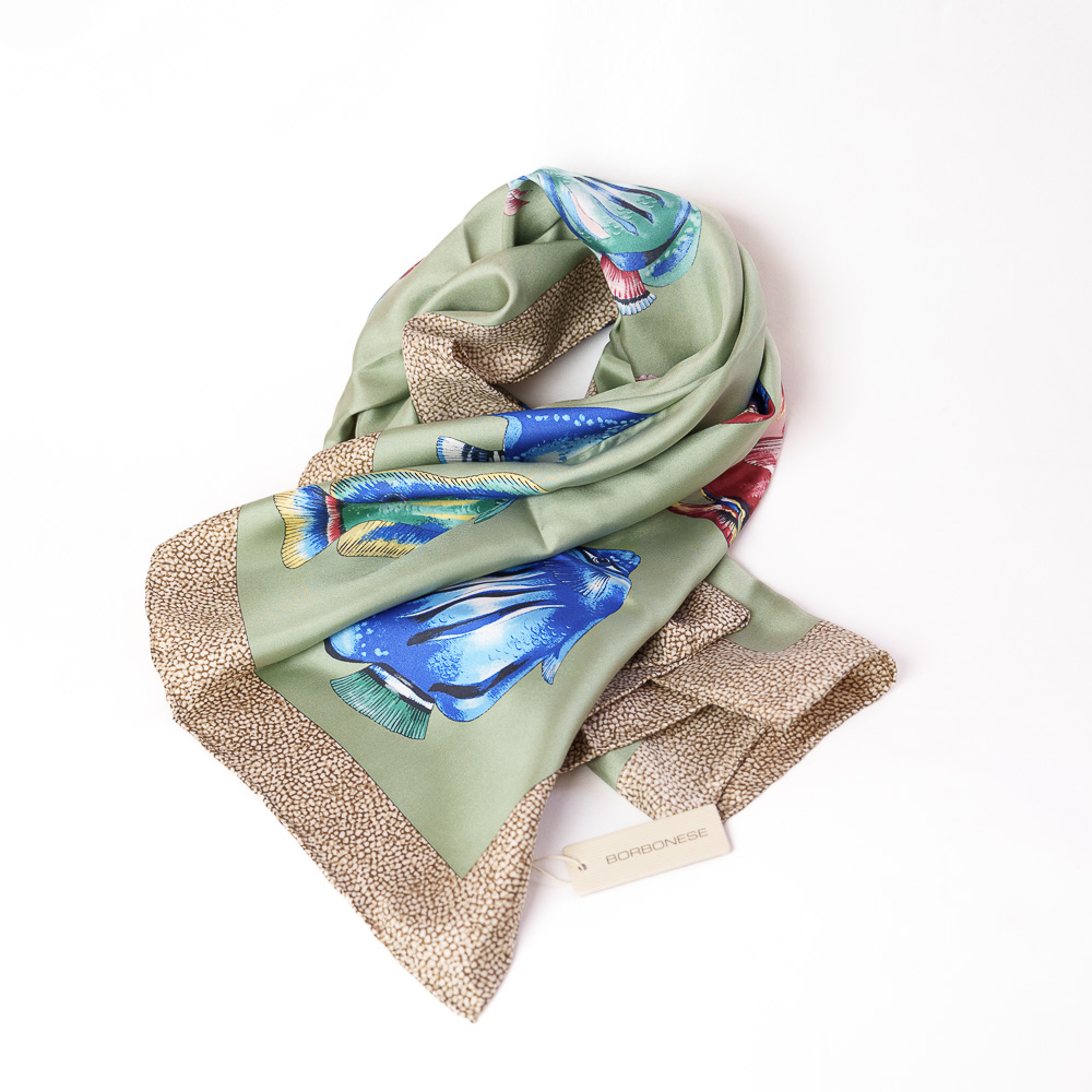 Borbonese foulard in pura seta acquarium art su base verde salvia